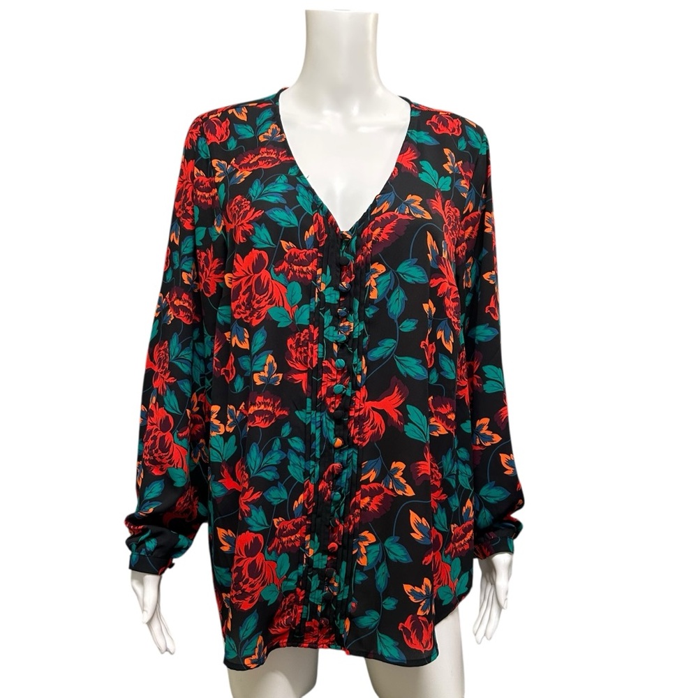 Torrid Red Floral Button Front Long Sleeve Blouse Size L